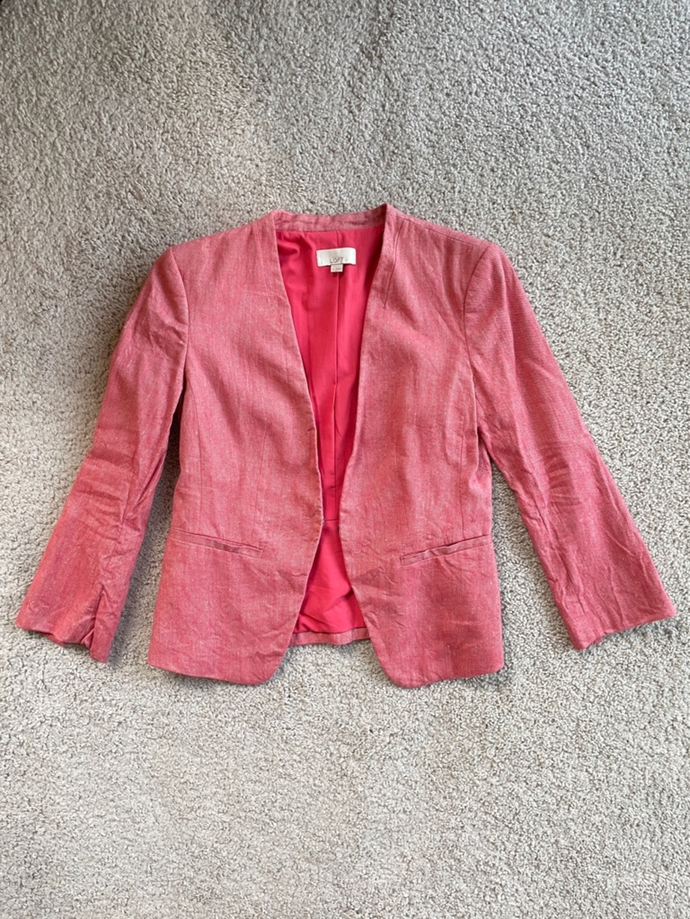 LOFT Coral Pink Woven Textured Open Front Single Hook Blazer Suit Jacket Size 0